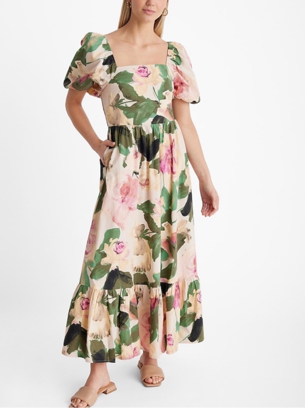 Express Cream Rose Green Gold Floral Smocked Puff Sleeve Square Neck Maxi Dress